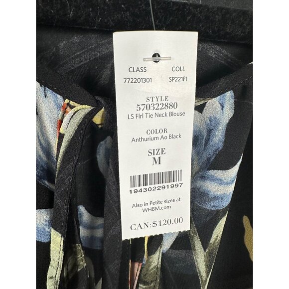 NEW White House Black Market Black Floral Blouse MED Sheer Lined Balloon Sleeve - Picture 5 of 13